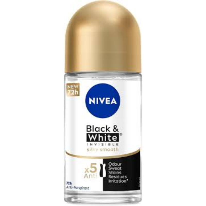 نيفيا مزيل عرق رول اون حريمي بلاك اند وايت جولد انفيزبل سيلكي سموث 50 مل | Nivea Deod Rollon F/W 50Ml Black&White Gold Inv. Silky Smooth