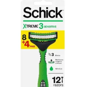 شيك اكستريم 3 شفرة حلاقة للبشرة الحساسة للرجال 12 قطعة (8+4 هدية) - عرض خاص | Schick Extreme 3 Blade Shaving Skin Sensitive Men 12 Piece (8+4 Gift) - Offer Special