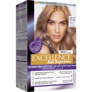 لوريال إيكسسيل. إتش.لون كريم. 8.12 أش كول لؤلؤي لايت أشقر (15%) (#) | Loreal Excell. H.Color Cr. 8.12 Ash Cool Pearl Light Blonde (15%) (#)